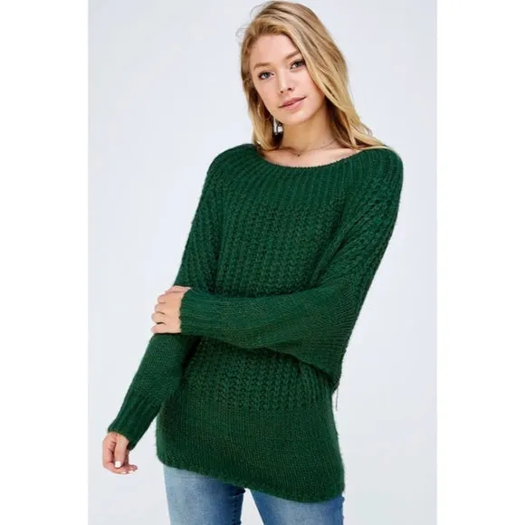 Hunter Green Soft Fuzzy Off The Shoulder Pullover Knit Holiday Casual Sweater