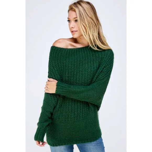 Hunter Green Soft Fuzzy Off The Shoulder Pullover Knit Holiday Casual Sweater