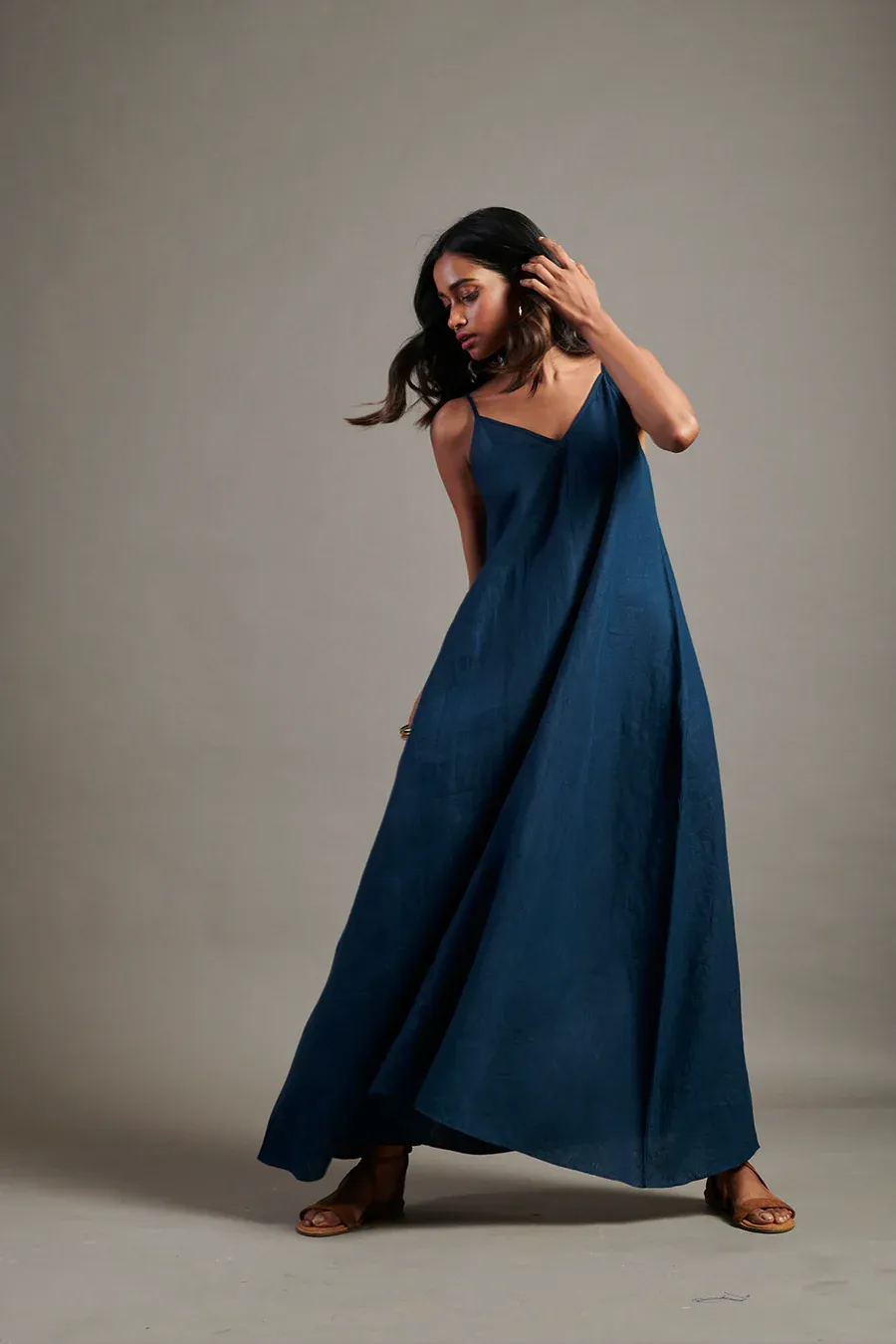 Indigo Linen Flared Slip Dress