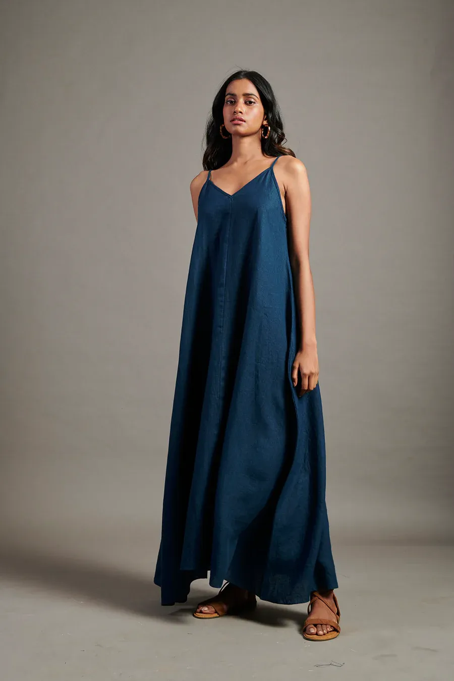 Indigo Linen Flared Slip Dress