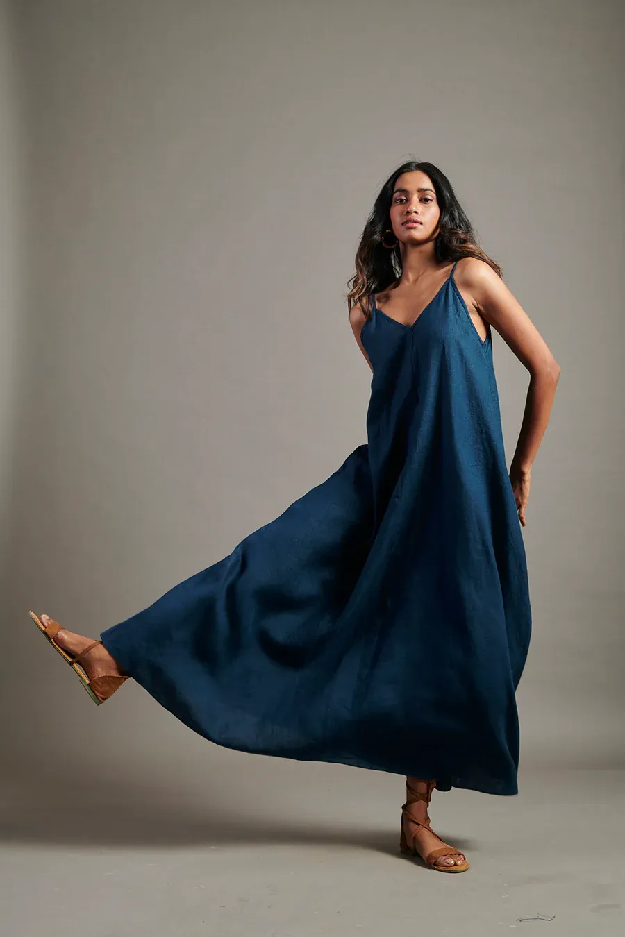 Indigo Linen Flared Slip Dress