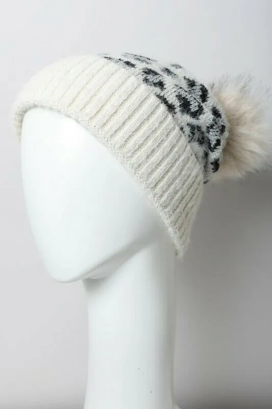 Ivory Leopard Animal Print Faux Fur Pompom Winter Knit Beanie Womens