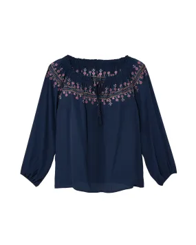 Jenna Embroidered Long Sleeve Blouse | Navy