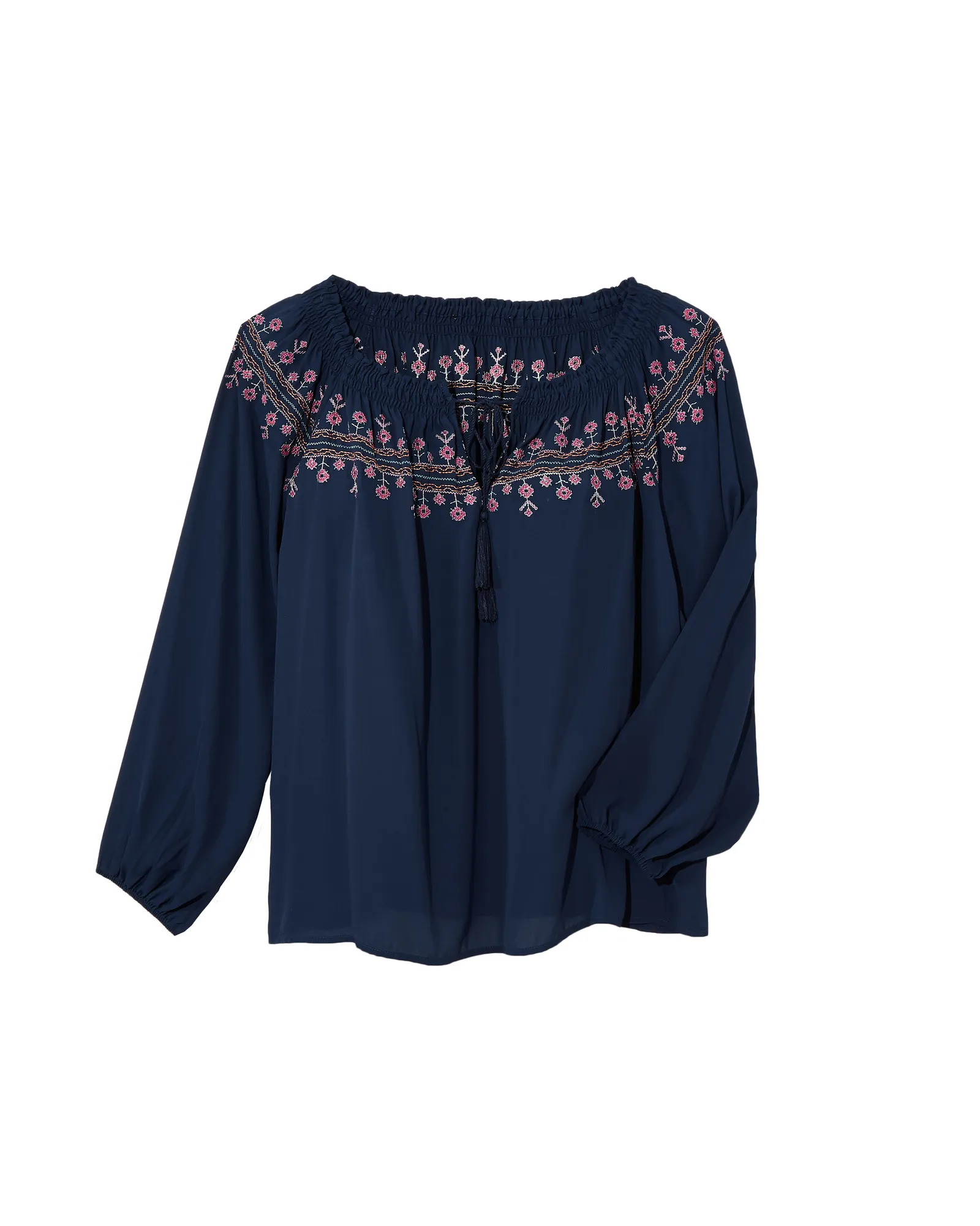 Jenna Embroidered Long Sleeve Blouse | Navy