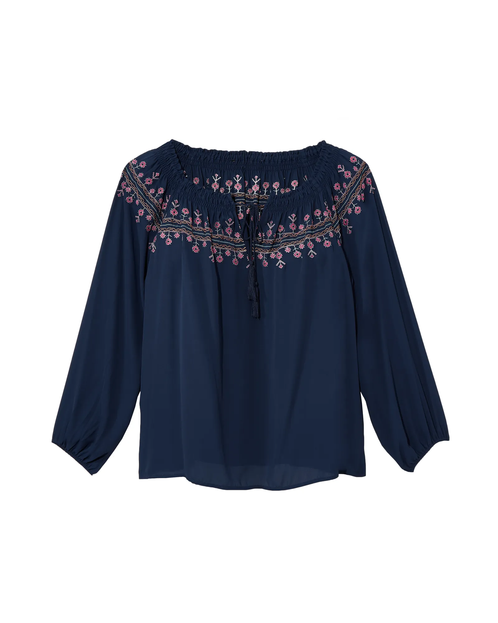 Jenna Embroidered Long Sleeve Blouse | Navy