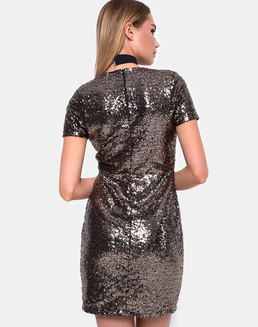 Jewel Mini Dress in Mini Fleck Sequin Black and Gold