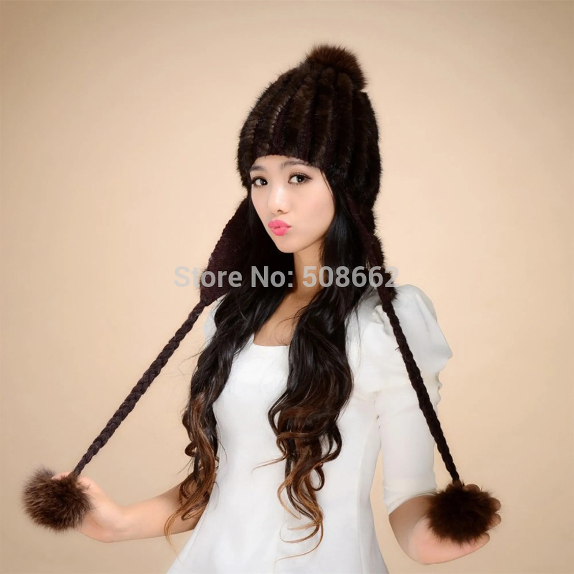 Knitted Real Mink Fur Hat Fur Cap Mink Fur Flower Decoration Beanie Hat 14619