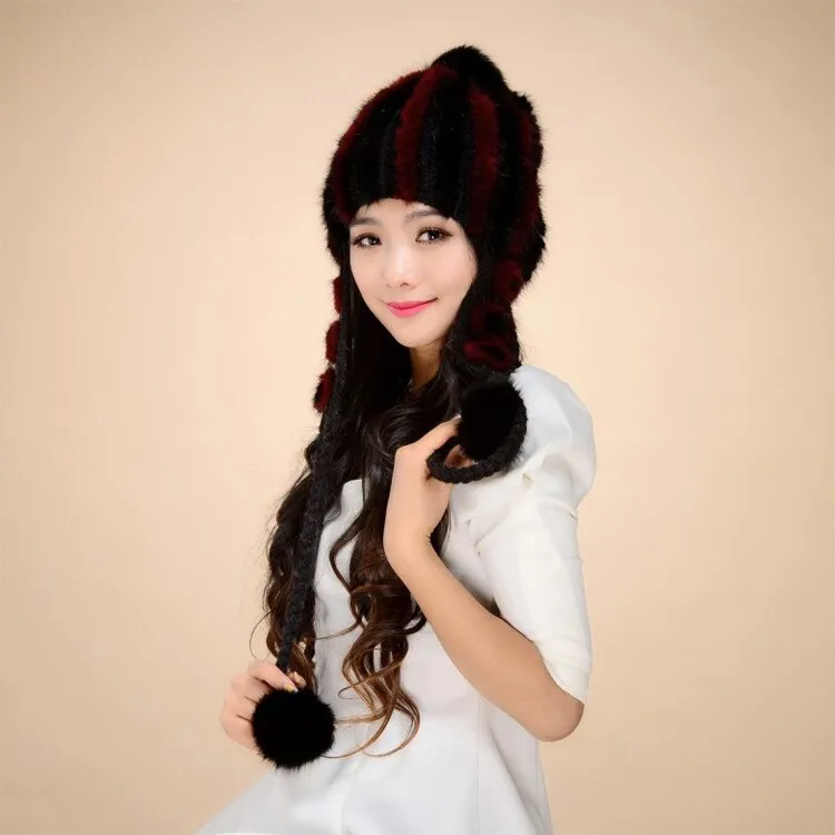 Knitted Real Mink Fur Hat Fur Cap Mink Fur Flower Decoration Beanie Hat 14619