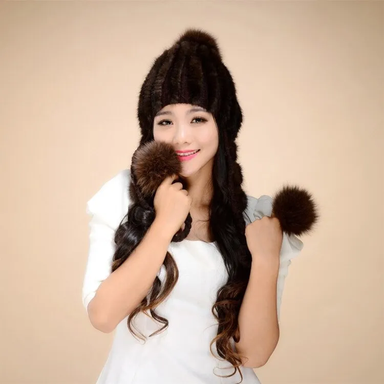 Knitted Real Mink Fur Hat Fur Cap Mink Fur Flower Decoration Beanie Hat 14619