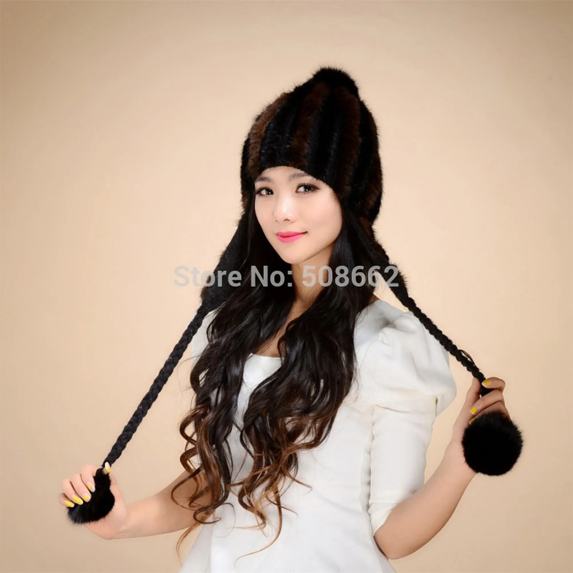 Knitted Real Mink Fur Hat Fur Cap Mink Fur Flower Decoration Beanie Hat 14619