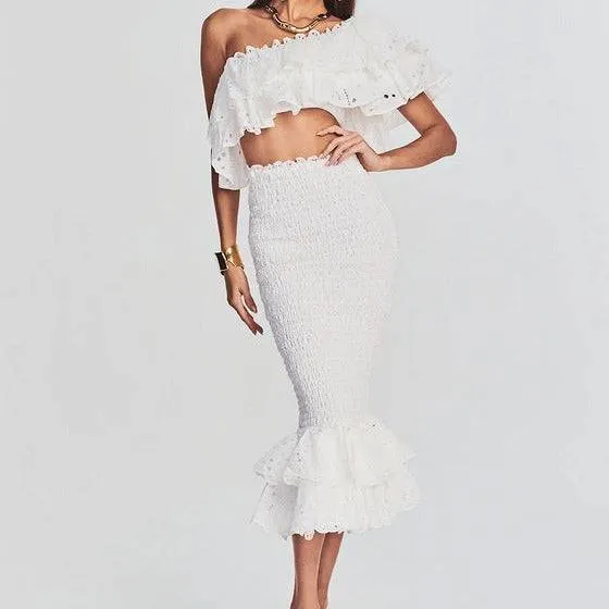 Kristine Eyelet Embellished Tiered Ruffle Skirt Set