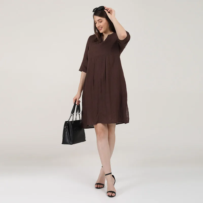 Linen Brown Short Dress for Women | Paneled V-Neck