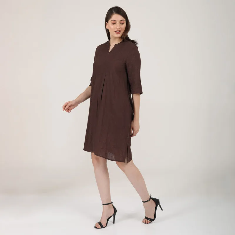 Linen Brown Short Dress for Women | Paneled V-Neck