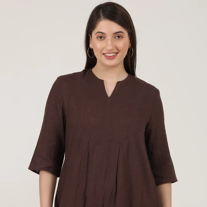 Linen Brown Short Dress for Women | Paneled V-Neck