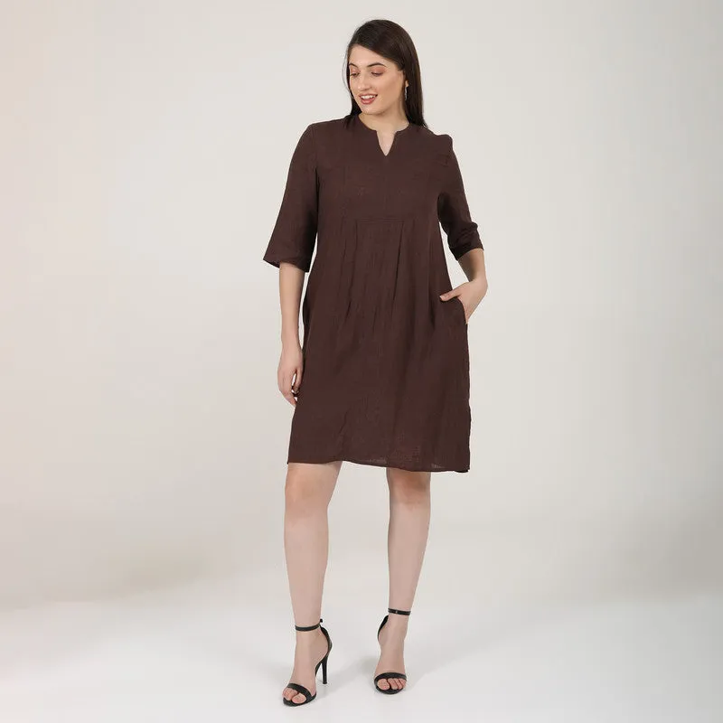 Linen Brown Short Dress for Women | Paneled V-Neck