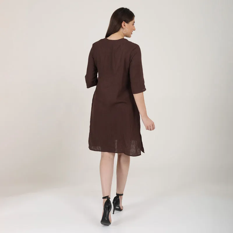 Linen Brown Short Dress for Women | Paneled V-Neck