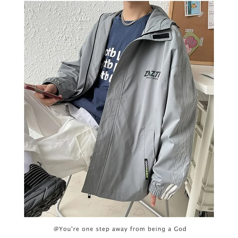 Loose Fit Stand-Up Collar Raincoat Hooded Jacket