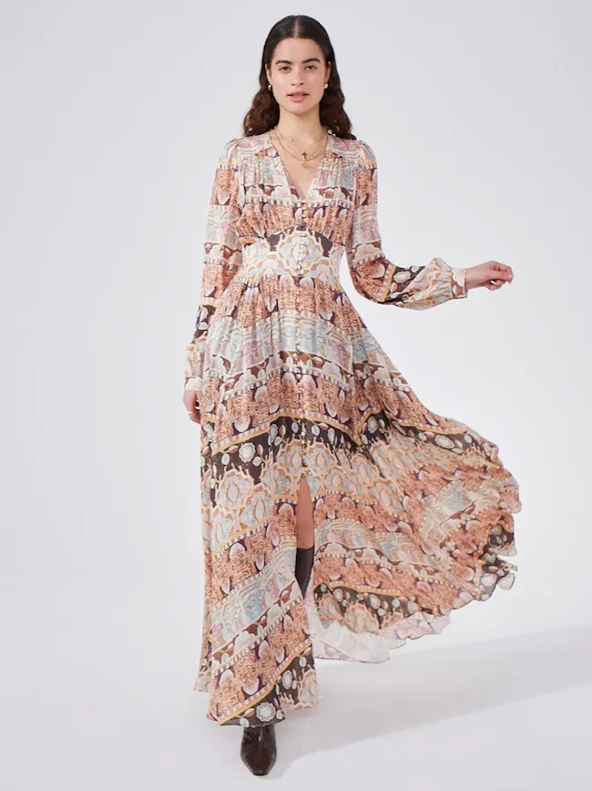 Lotus Tiger Printed Silk Lurex Maxi Dress