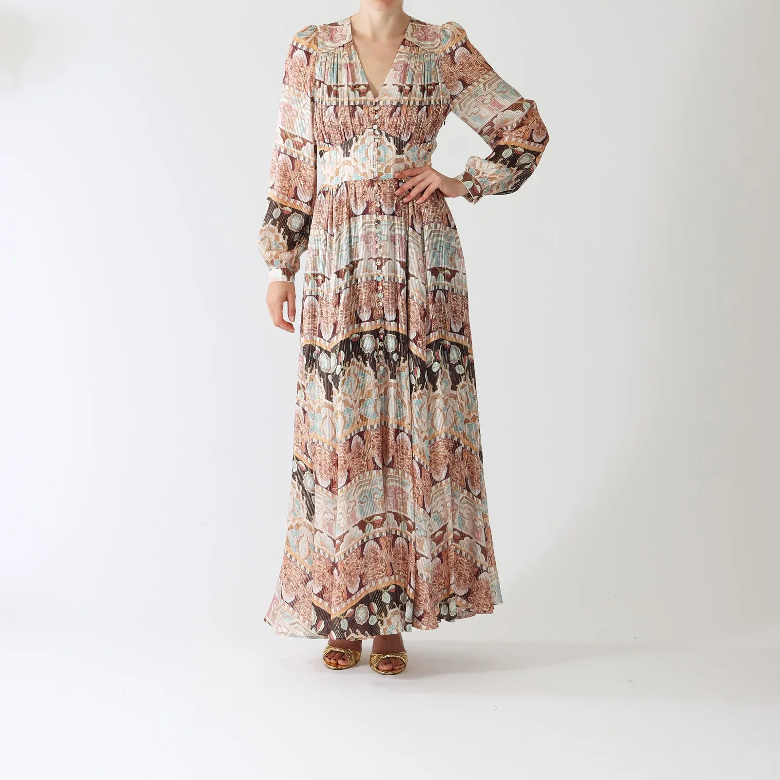 Lotus Tiger Printed Silk Lurex Maxi Dress