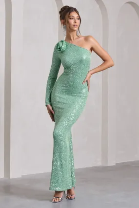 Love Language | Mint Green Sequin One Shoulder Maxi Dress With Corsage