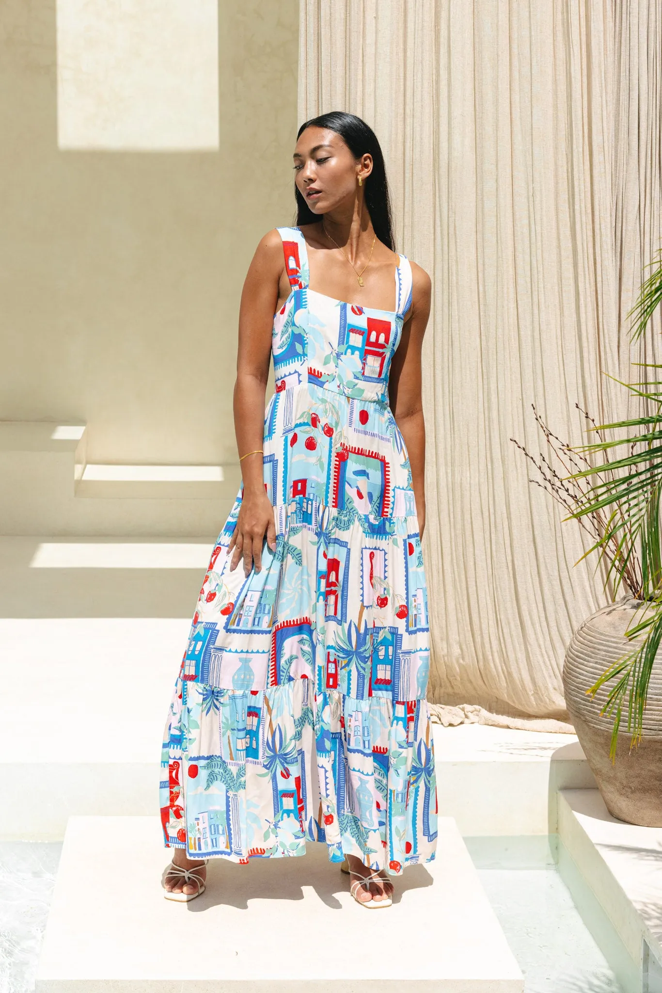 Lulu Blue Tropical Tiered Maxi Dress