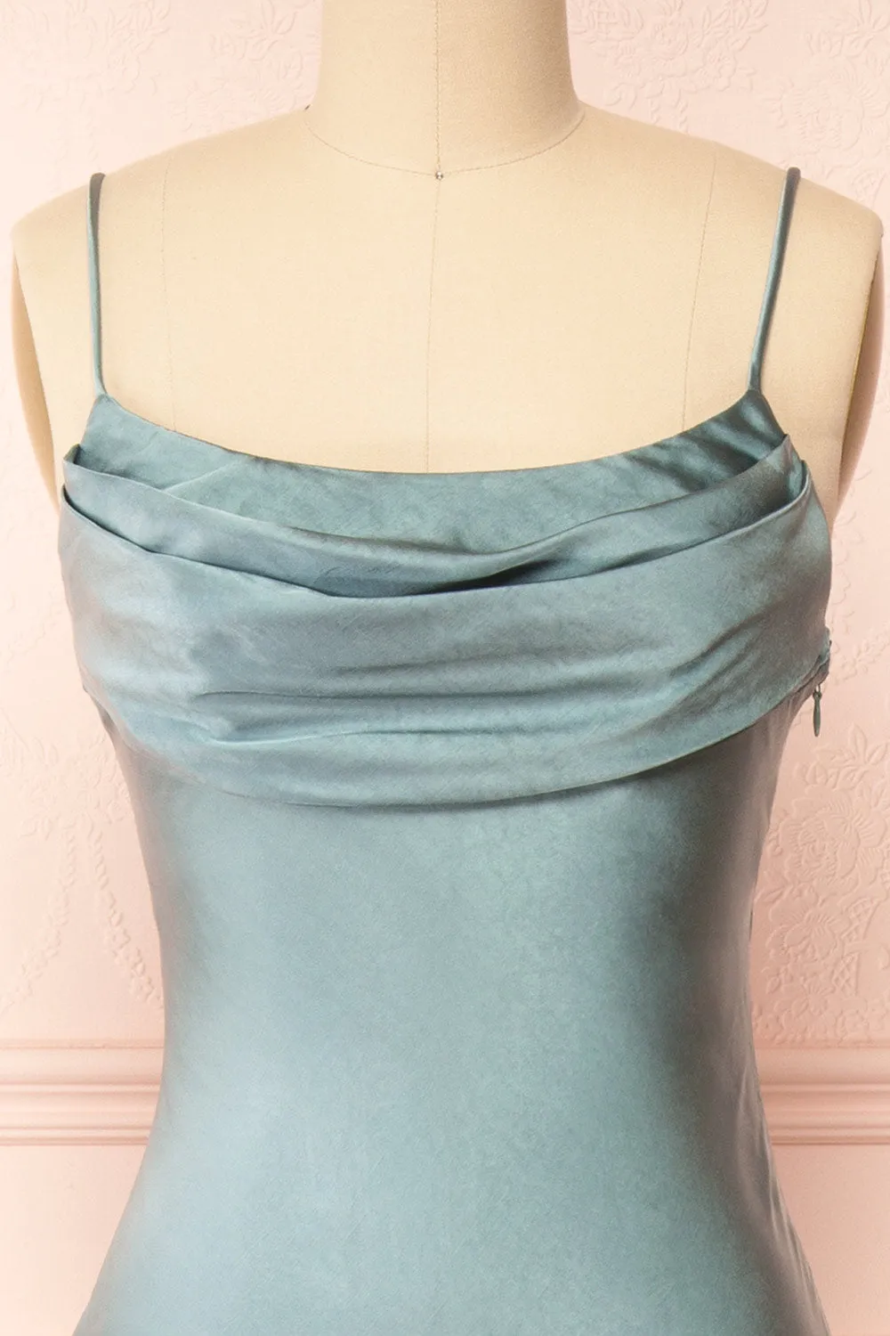 Meari Sage | Cowl Neck Satin Midi Dress