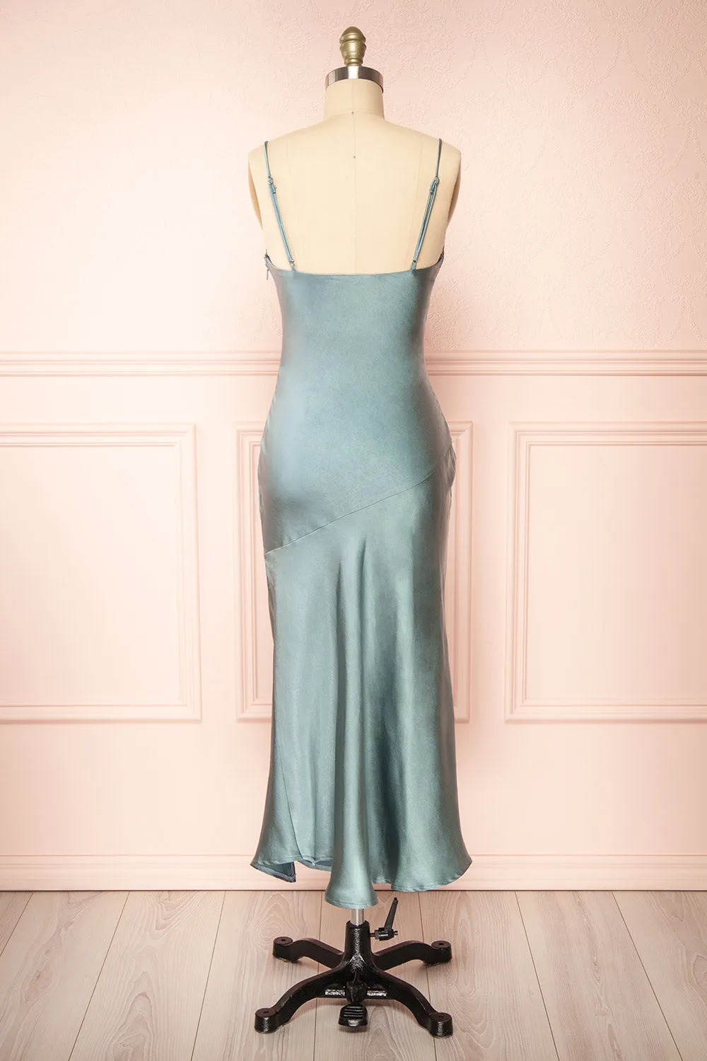 Meari Sage | Cowl Neck Satin Midi Dress