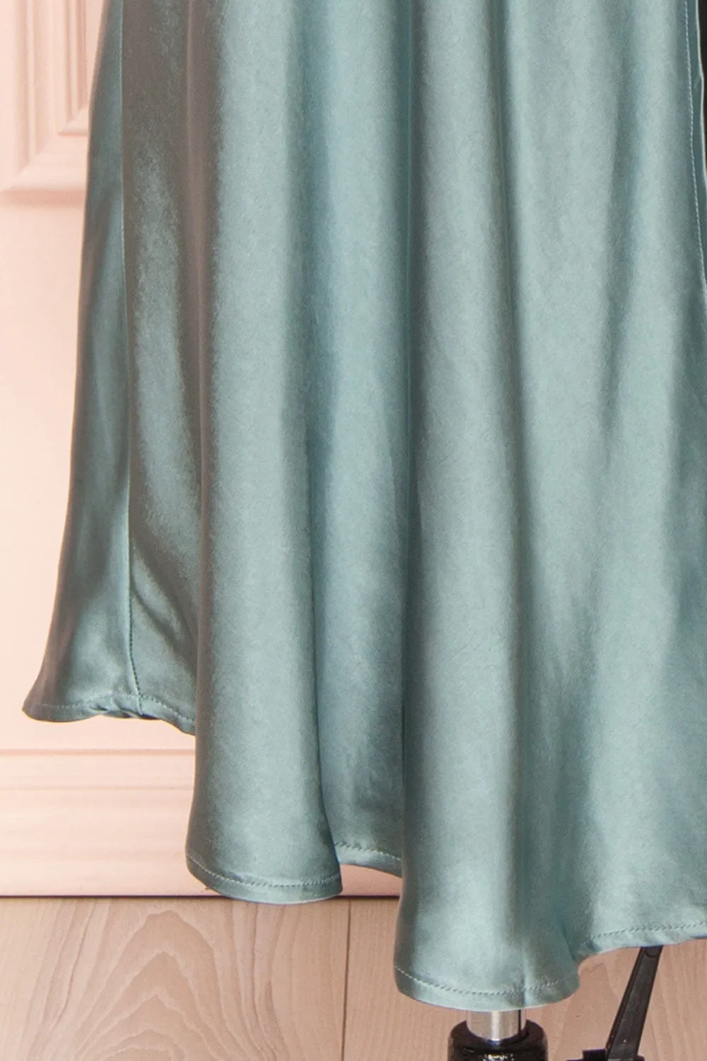 Meari Sage | Cowl Neck Satin Midi Dress