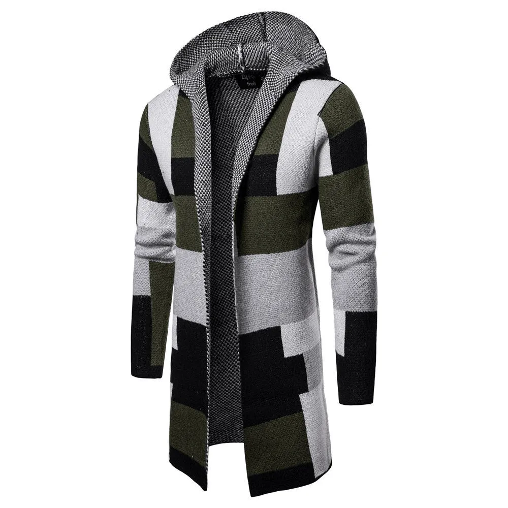 Men's Color Blocking Knitted Hooded Long Coat