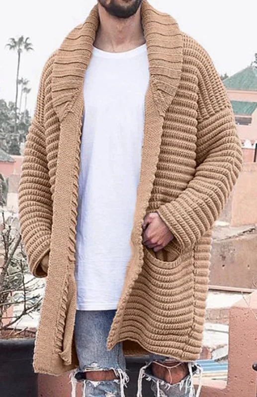 Men's Mid-Length Large Lapel Long Sleeve Knitted Cardigan