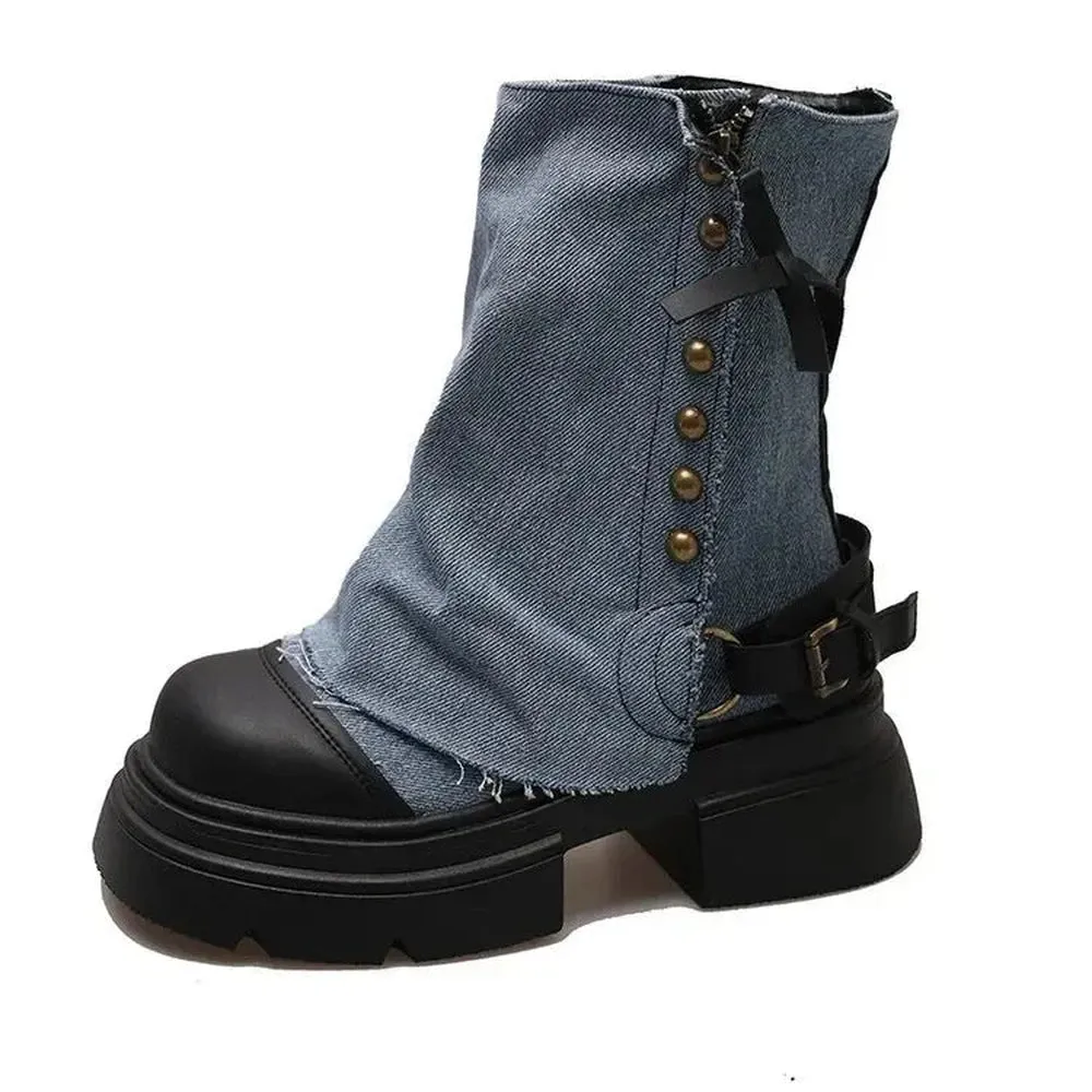 Merendy Accra Round toe Platform Western blue Denim ankle Boots