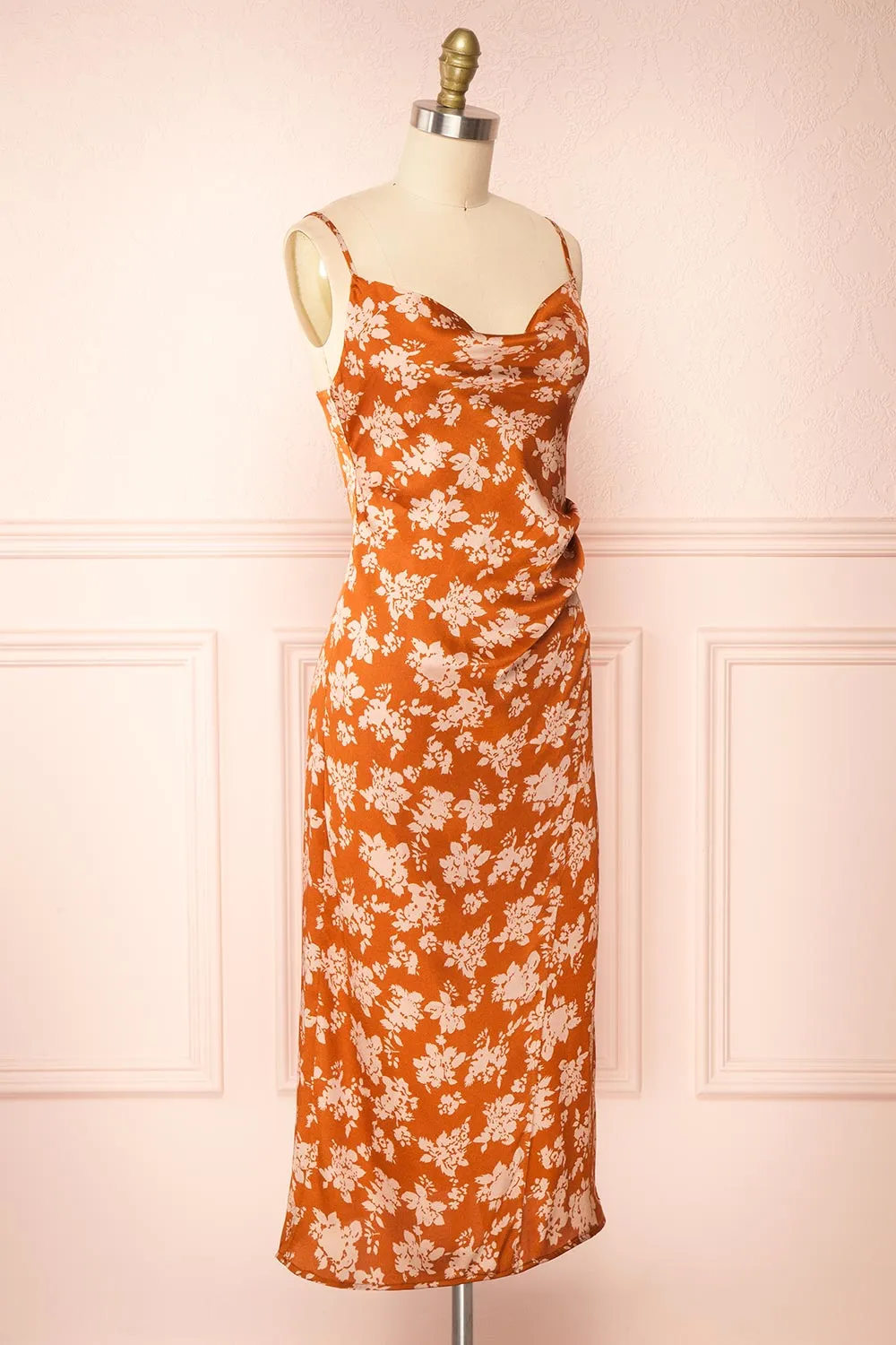 Mimallone Rust | Cowl Neck Floral Midi Dress