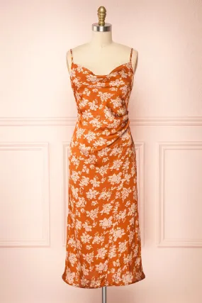 Mimallone Rust | Cowl Neck Floral Midi Dress