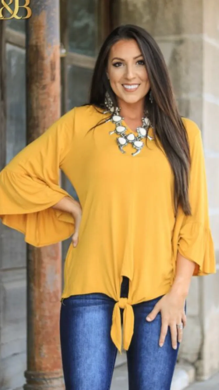 Mustard 3/4 Bell Sleeve Top w/front Waist Tie LB3T-F1133-MT