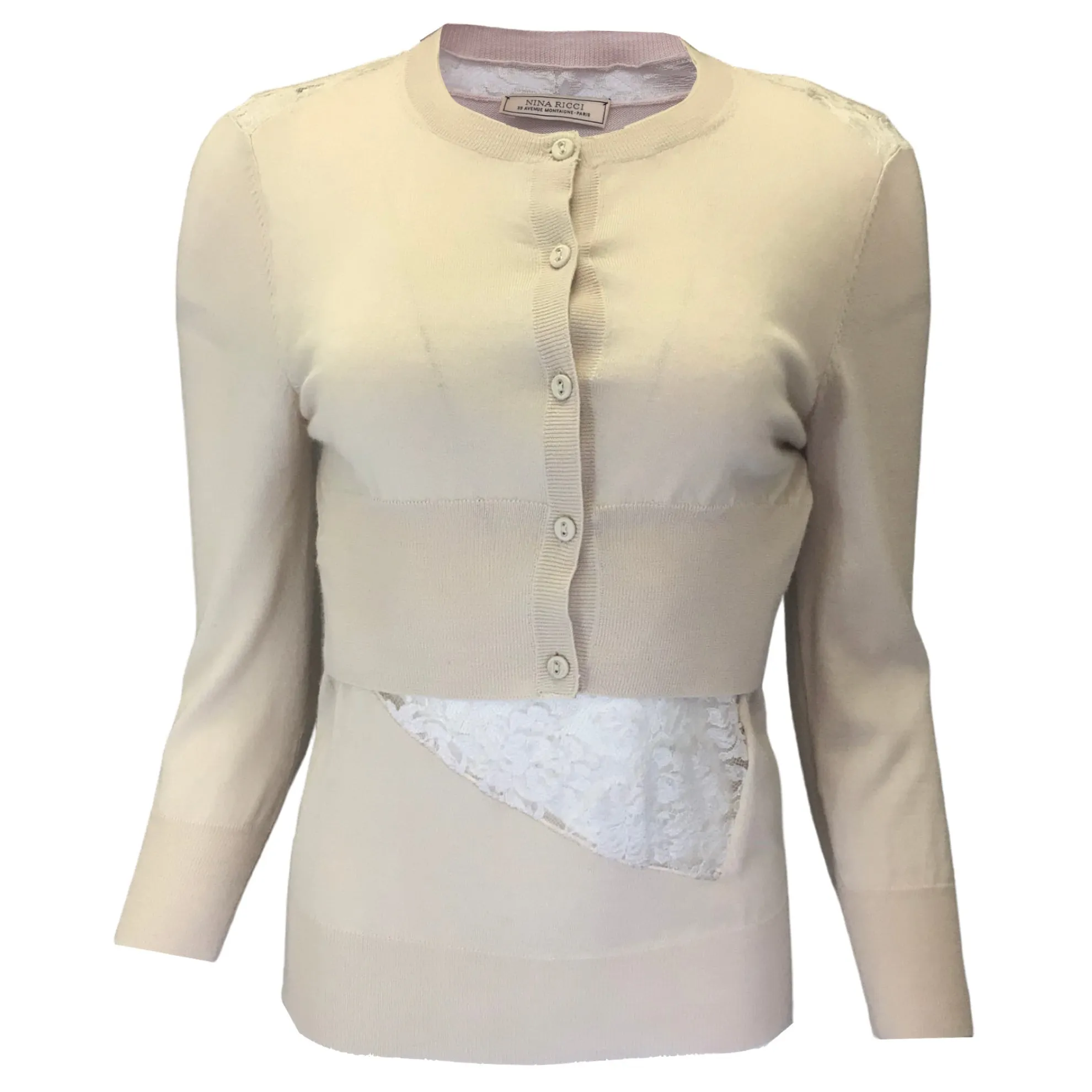 Nina Ricci Blush Lace Trimmed Cashmere and Silk Knit Cardigan Sweater