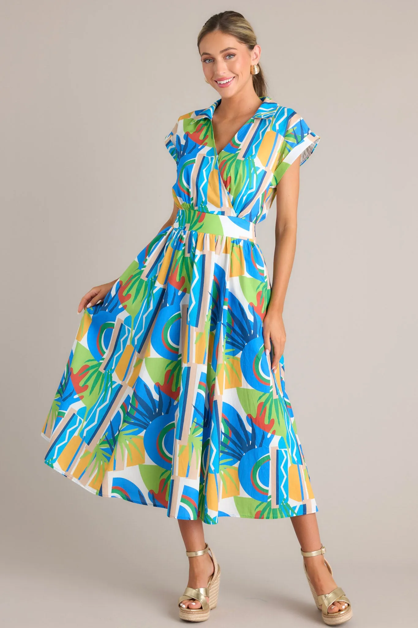 Oceanic Fantasy Blue Multi Tropical Print 100% Cotton Midi Dress