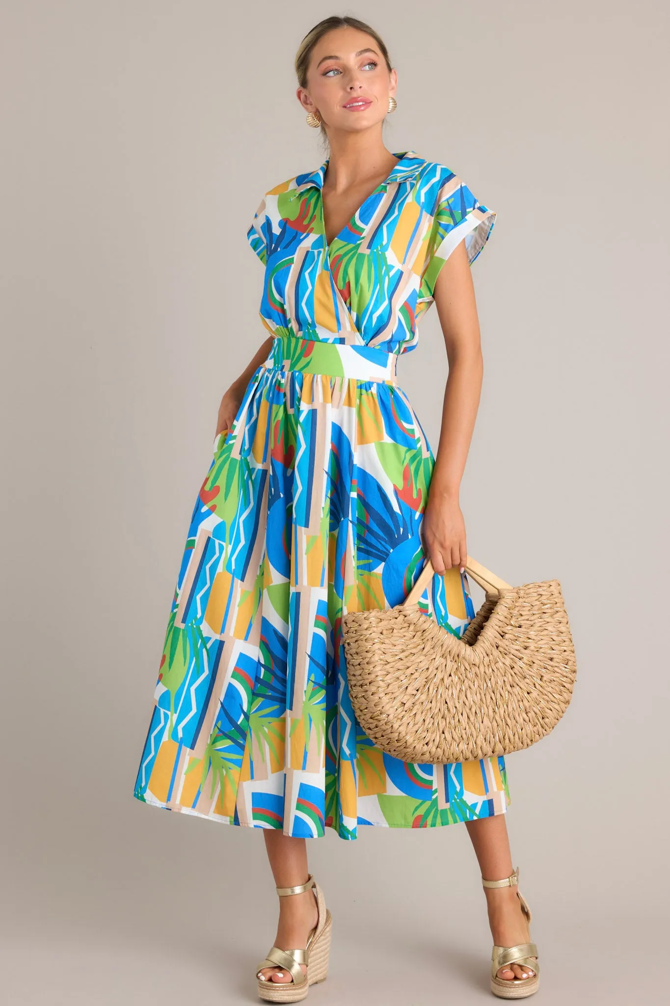 Oceanic Fantasy Blue Multi Tropical Print 100% Cotton Midi Dress