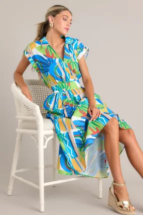 Oceanic Fantasy Blue Multi Tropical Print 100% Cotton Midi Dress