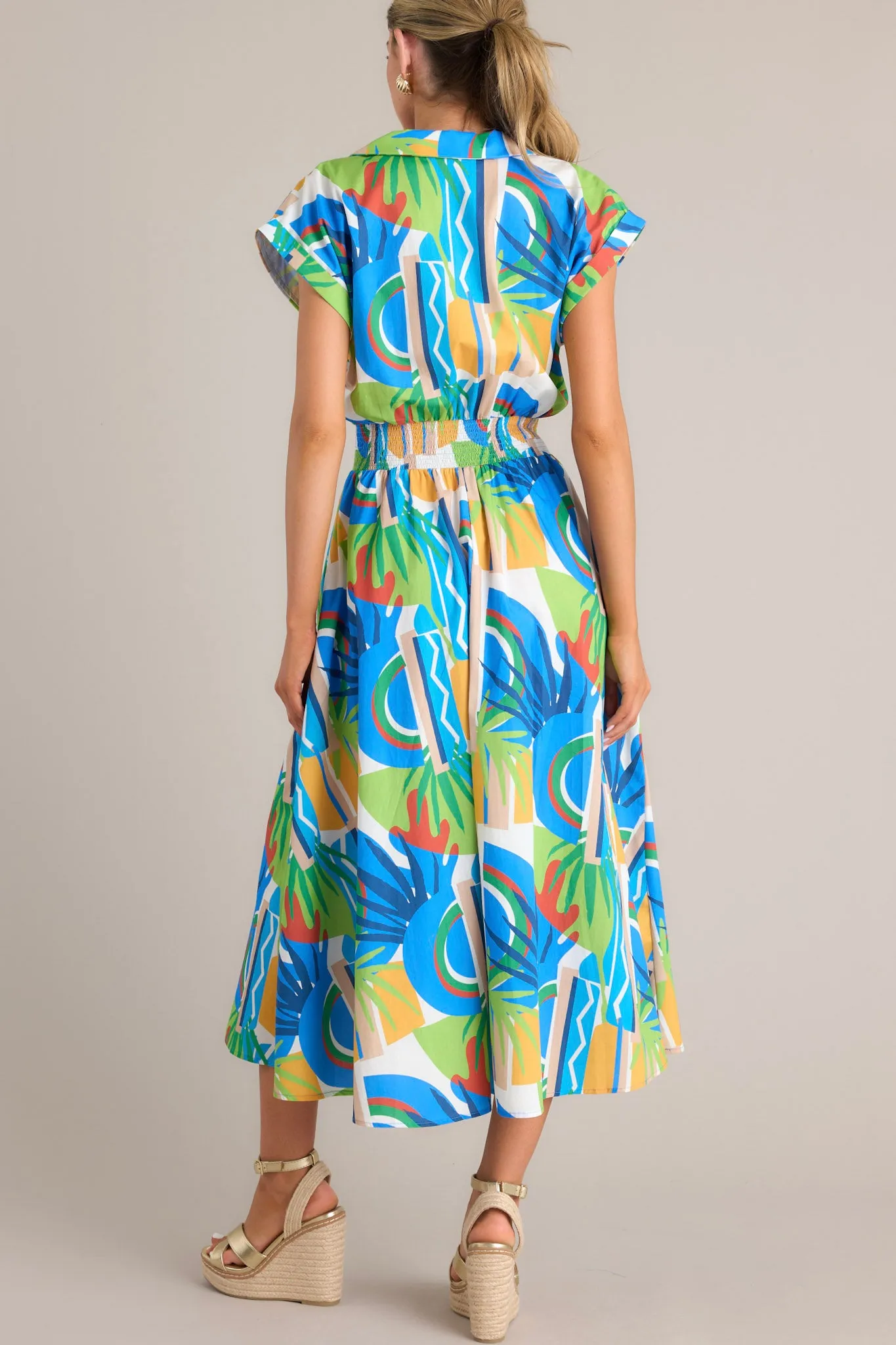 Oceanic Fantasy Blue Multi Tropical Print 100% Cotton Midi Dress