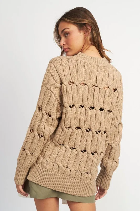 Open Knit Cable Sweater with Slits