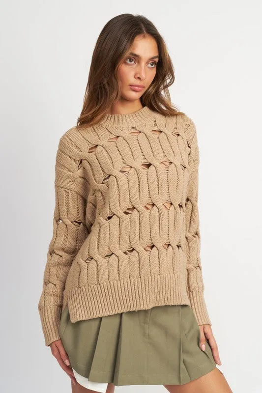 Open Knit Cable Sweater with Slits