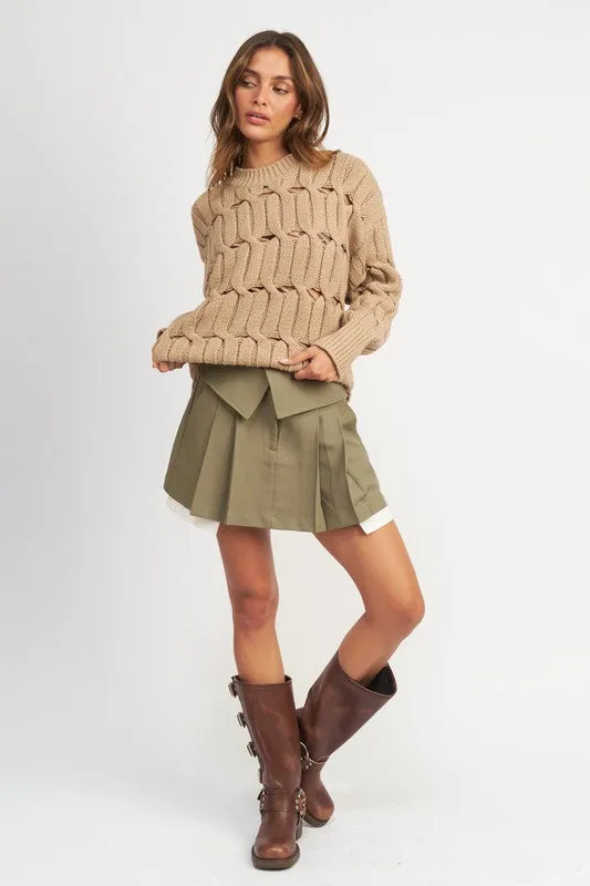 Open Knit Cable Sweater with Slits