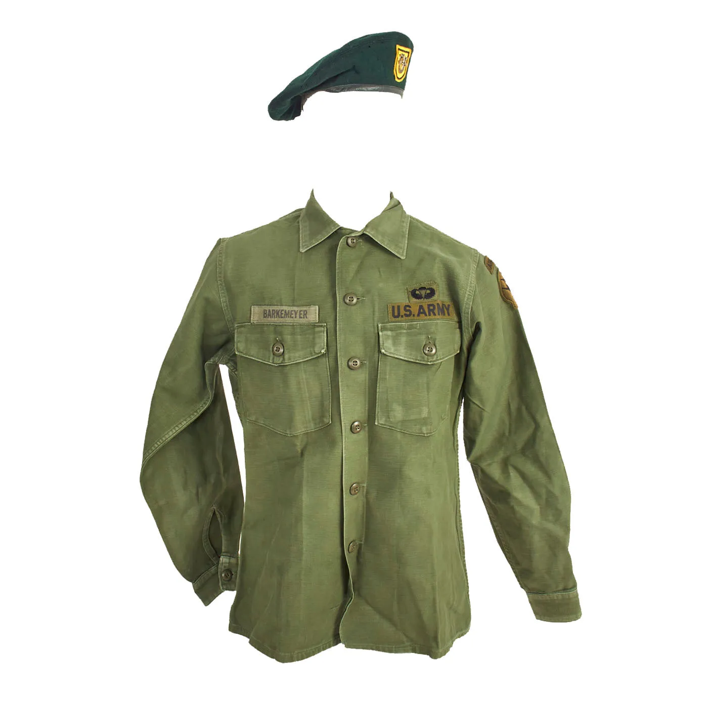 Original U.S. Vietnam War Named 1st Special Forces Group (Airborne) Uniform Grouping With Green Beret and Cambodia Escape and Evasion Map