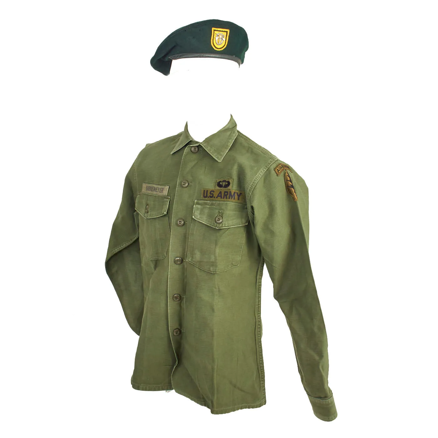 Original U.S. Vietnam War Named 1st Special Forces Group (Airborne) Uniform Grouping With Green Beret and Cambodia Escape and Evasion Map