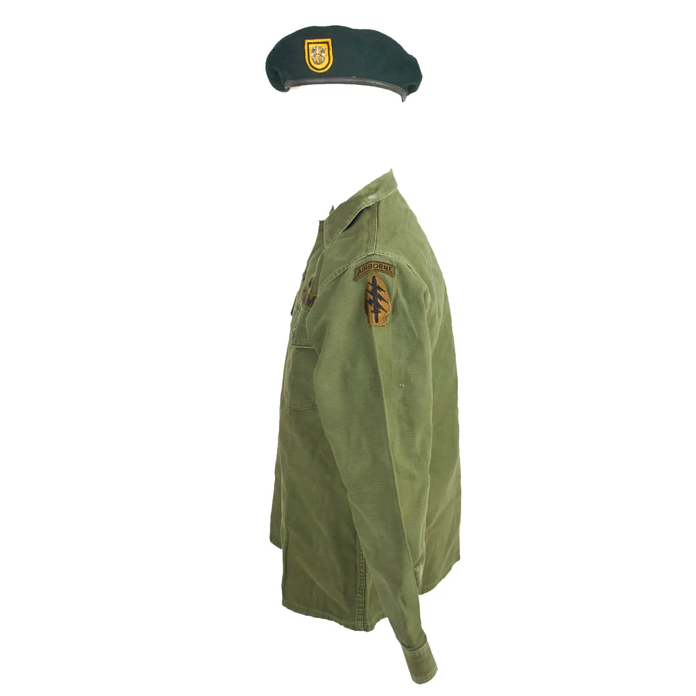 Original U.S. Vietnam War Named 1st Special Forces Group (Airborne) Uniform Grouping With Green Beret and Cambodia Escape and Evasion Map