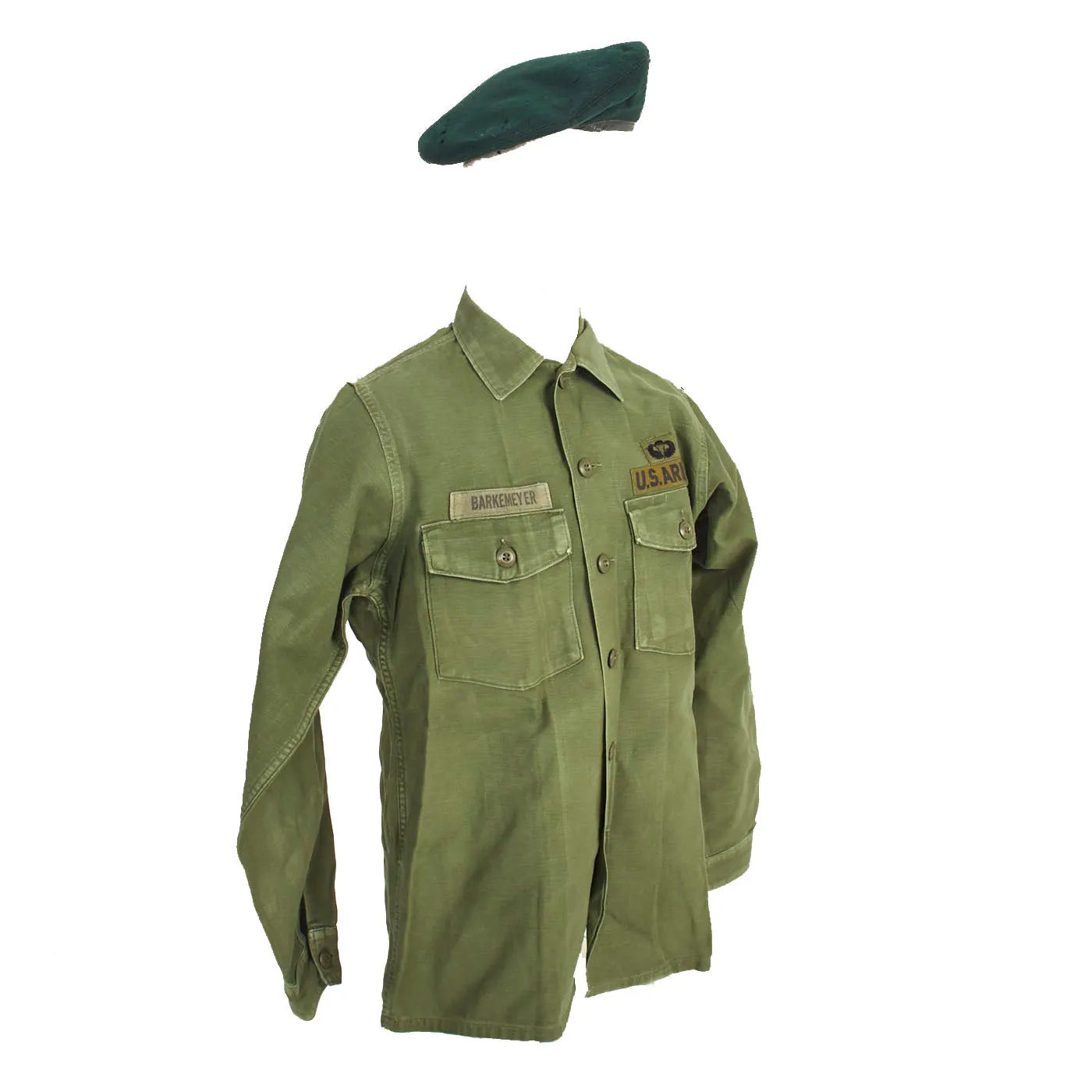 Original U.S. Vietnam War Named 1st Special Forces Group (Airborne) Uniform Grouping With Green Beret and Cambodia Escape and Evasion Map