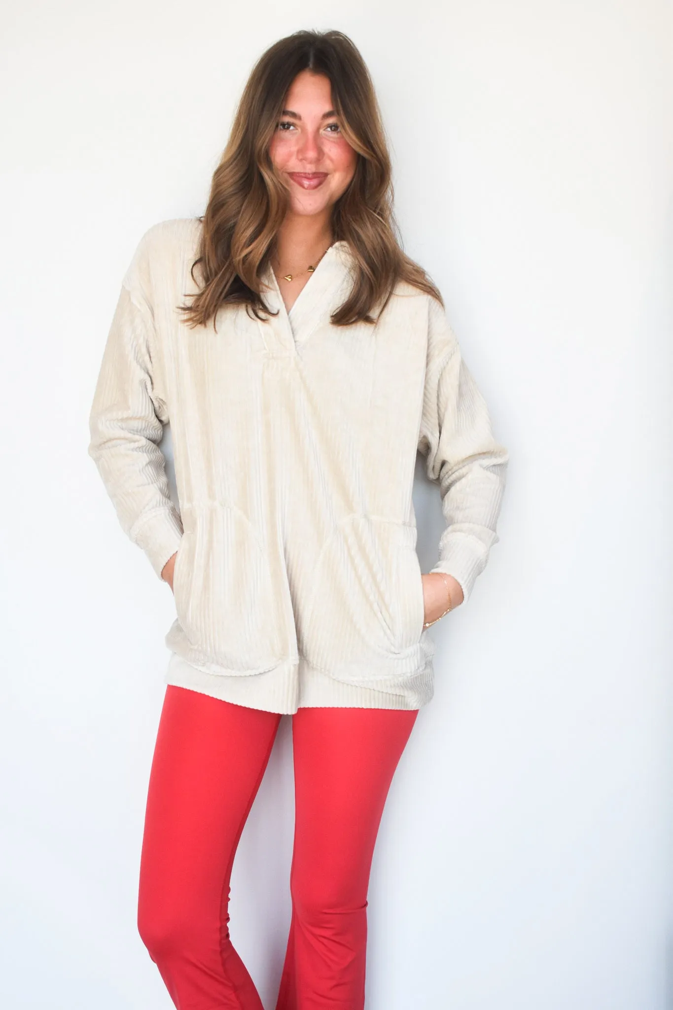 Oversized Collared Corduroy Pullover- Natural