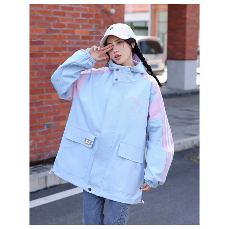 Patchwork Casual Raincoat Hooded Jacket