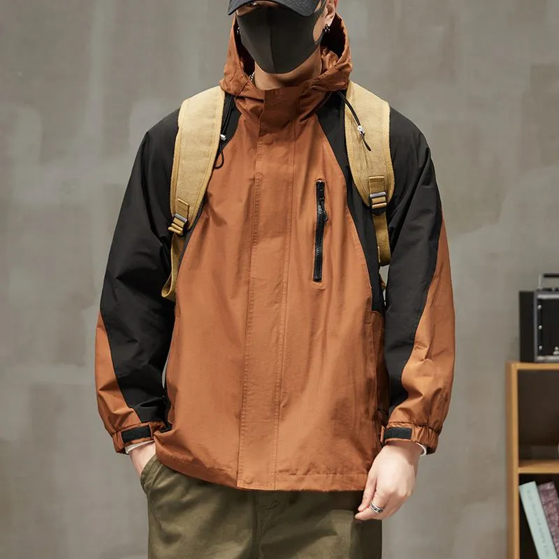 Patchwork Stain-Resistant Workwear Style Full Zip Raincoat Hooded Jacket