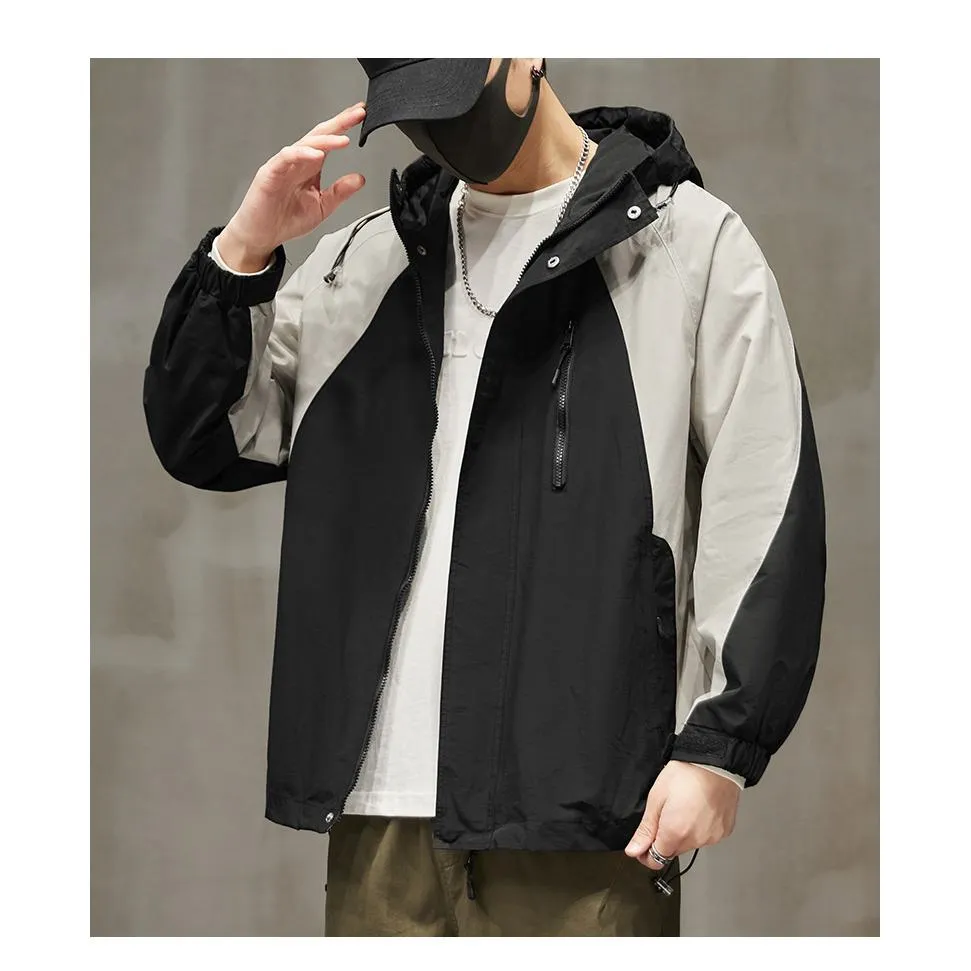 Patchwork Stain-Resistant Workwear Style Full Zip Raincoat Hooded Jacket